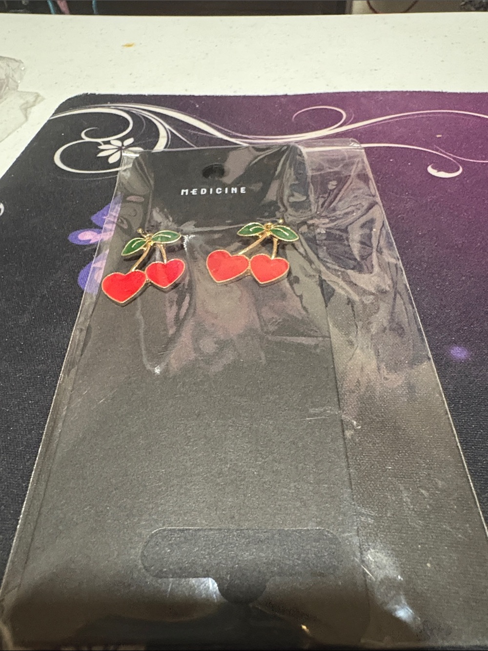 Reserved Red Cherry Enamel Drop Earrings with Green Leaves